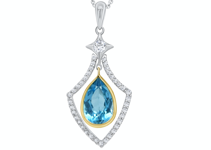 Necklace 18k Gold Blue Topaz Pear Shape Pendant with Diamonds