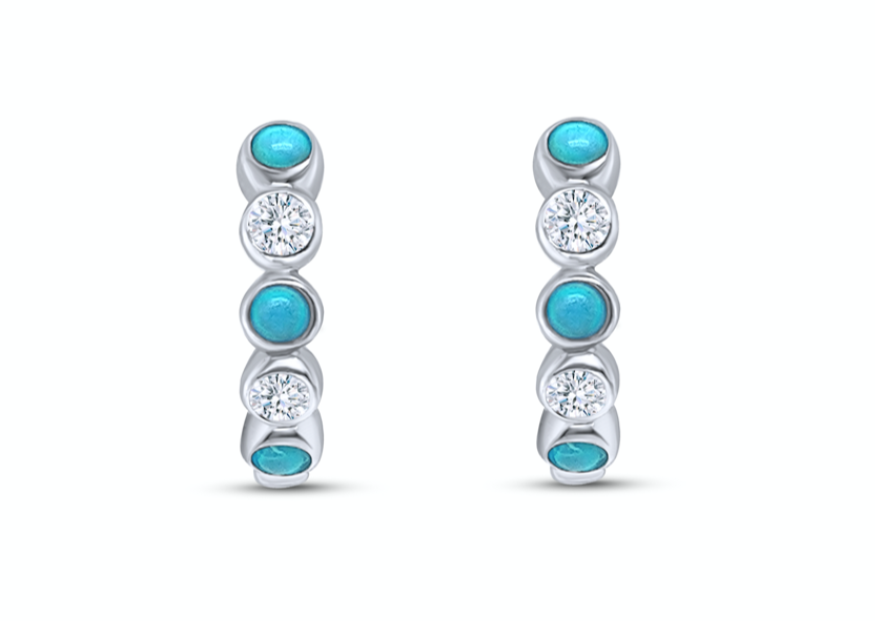 Earrings 14k Gold Mini Hoops with Turquoise and Diamonds