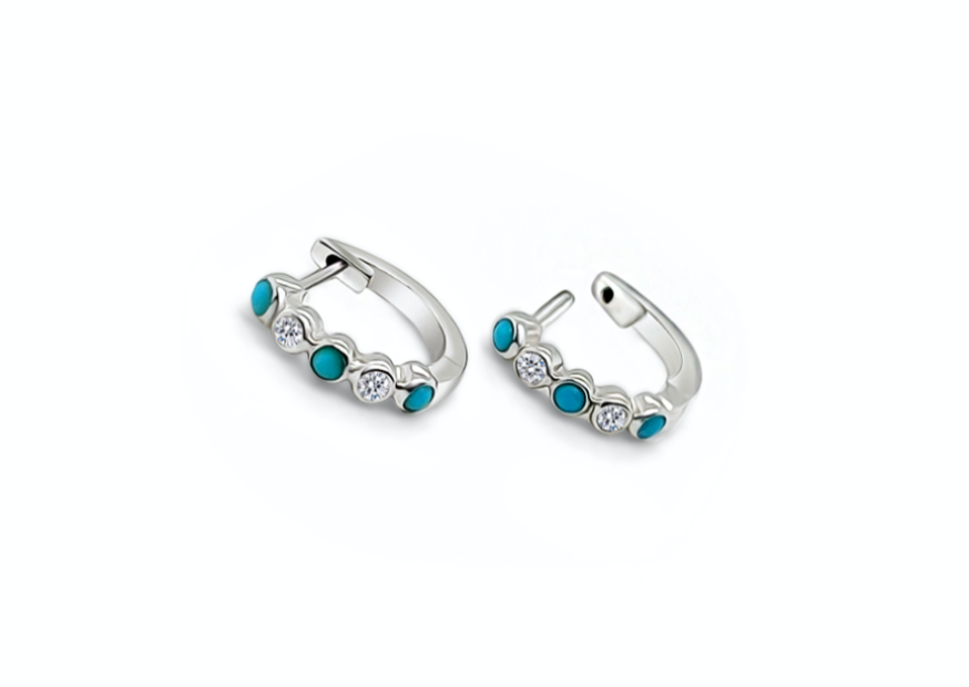 Earrings 14k Gold Mini Hoops with Turquoise and Diamonds