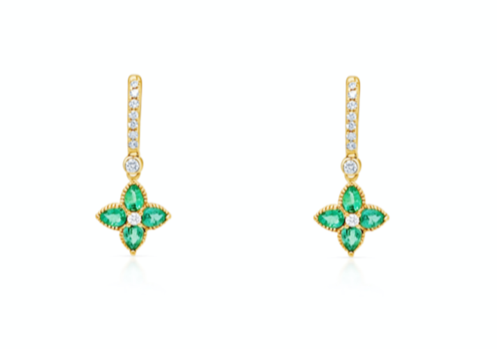 Earrings 18k Gold Huggies, Emeralds &amp; Diamonds