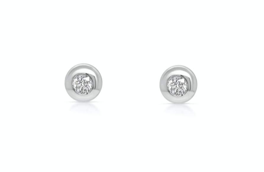 Mini Earrings 18k White Gold Domed &amp; Round Diamonds Studs