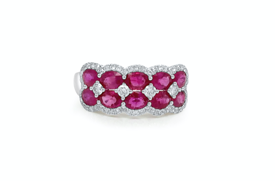 Ring 18k White Gold Diamonds &amp; Double-Row Oval Rubies