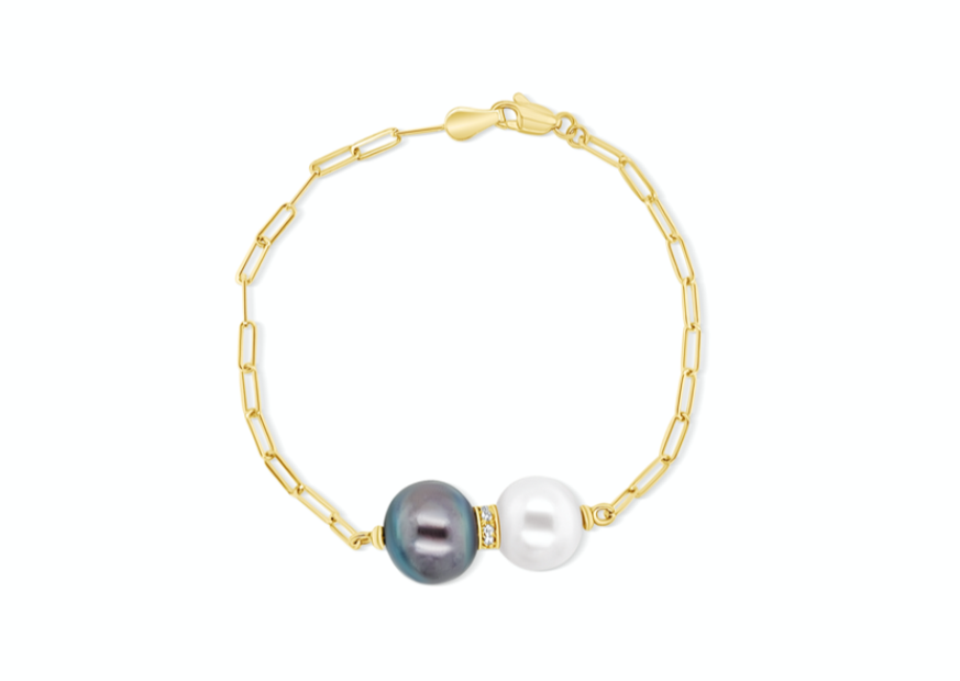 Bracelet 18k Gold Paper Clip with White, Black South Sea Pearls and Diamonds