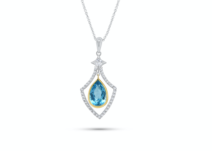 Necklace 18k Gold Blue Topaz Pear Shape Pendant with Diamonds