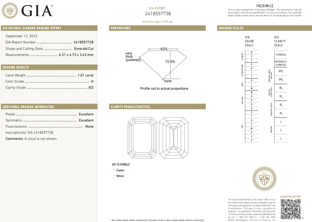 Ring Platinum GIA Solitaire Emerald Cut Diamond 1.01 cts H SI2