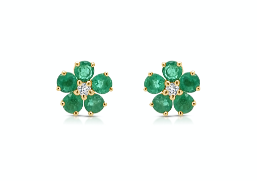 Earrings 14k Gold Flowers Emeralds &amp; Diamonds Studs