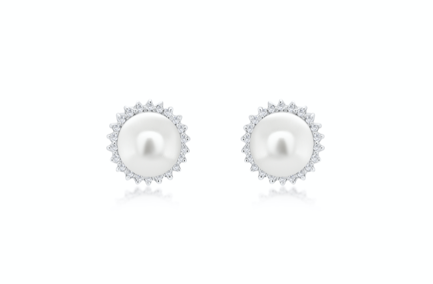 Earrings 14k Gold Pearls &amp; Surrounding Diamonds Studs