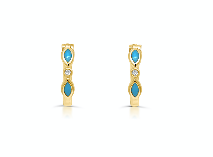 Earrings 14k Yellow Gold Mini Hoops with Turquoise and Diamonds