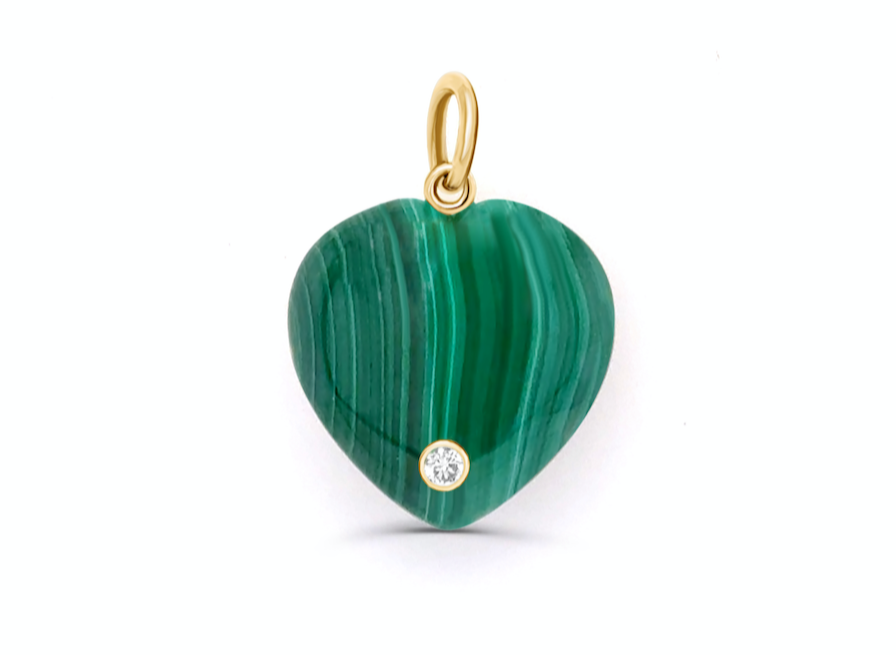 Pendant 14k Gold Malachite Heart &amp; Round Diamonds