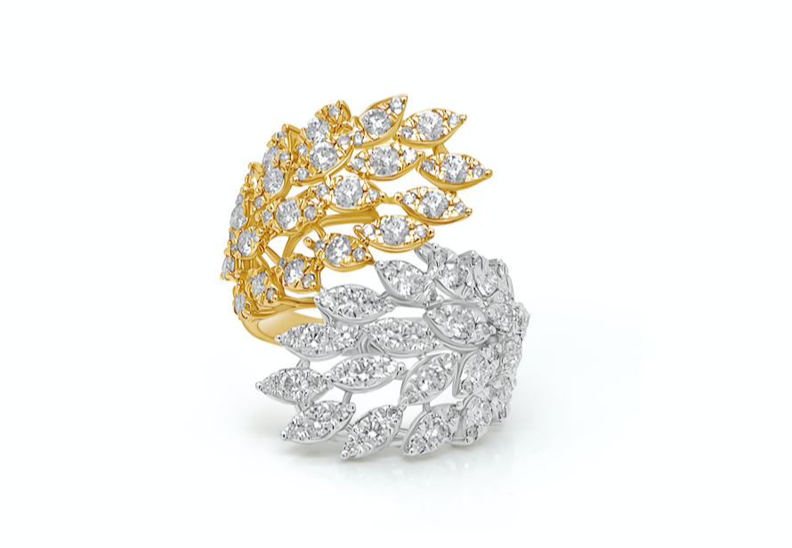 Ring 18kt White &amp; Yellow Gold Diamonds Leafs