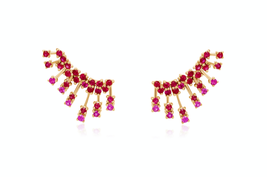 Earrings 14k Gold Climber Round Rubies Stardusts