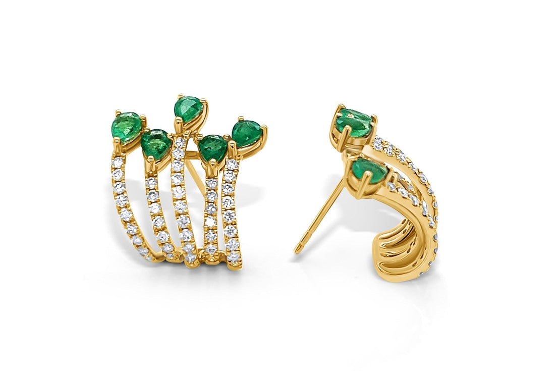 Earrings 18k Gold Pear Emeralds &amp; Round Diamonds Lobe Studs