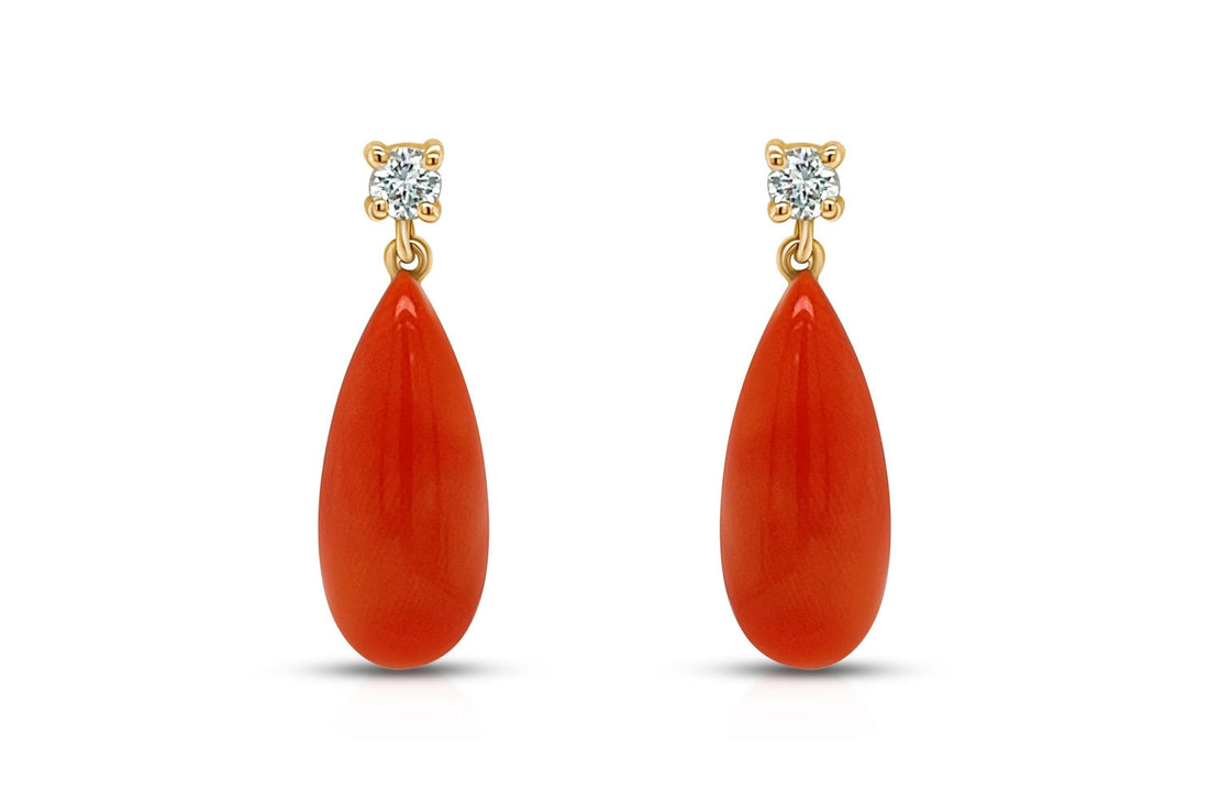 Earrings 18k Gold Coral Drops &amp; Diamonds