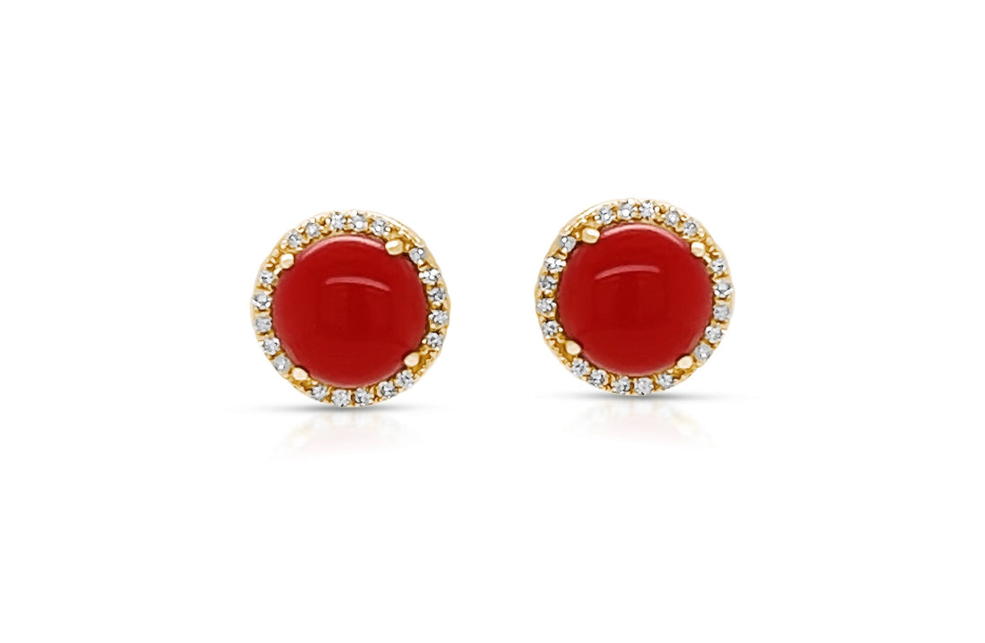 Earrings 18K Gold Natural Coral &amp; Diamonds Halo