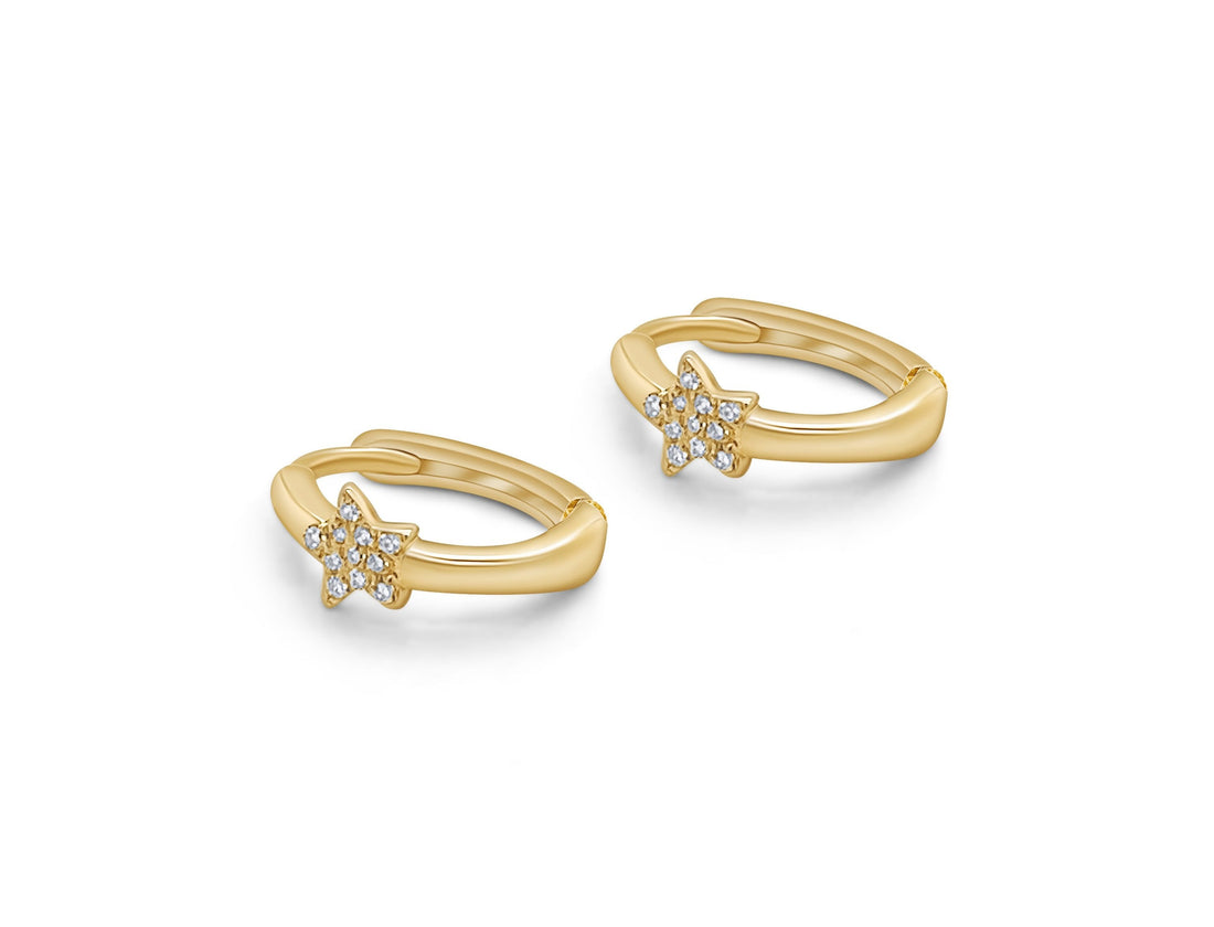 Earrings 14k Gold Huggies Star and Diamonds