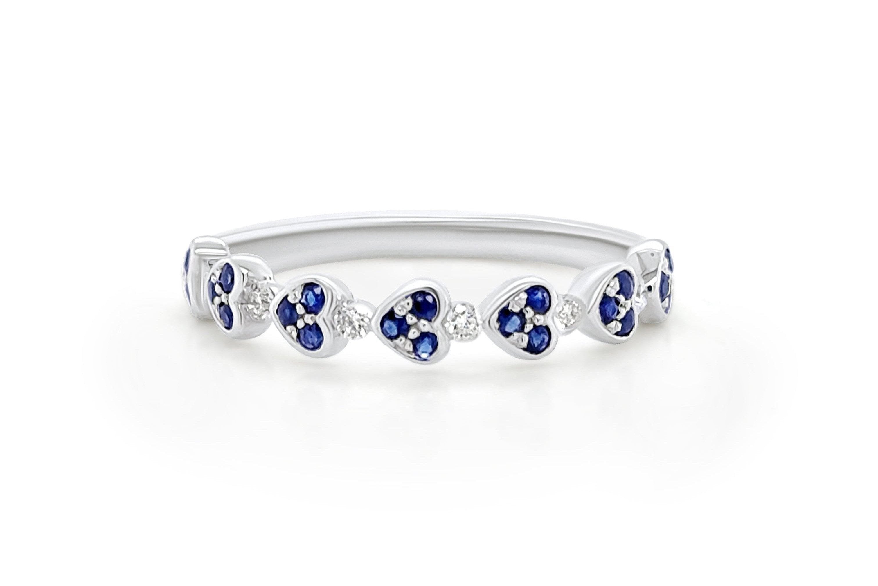 Ring 18k White Gold 7 Hearts Diamonds and Sapphires