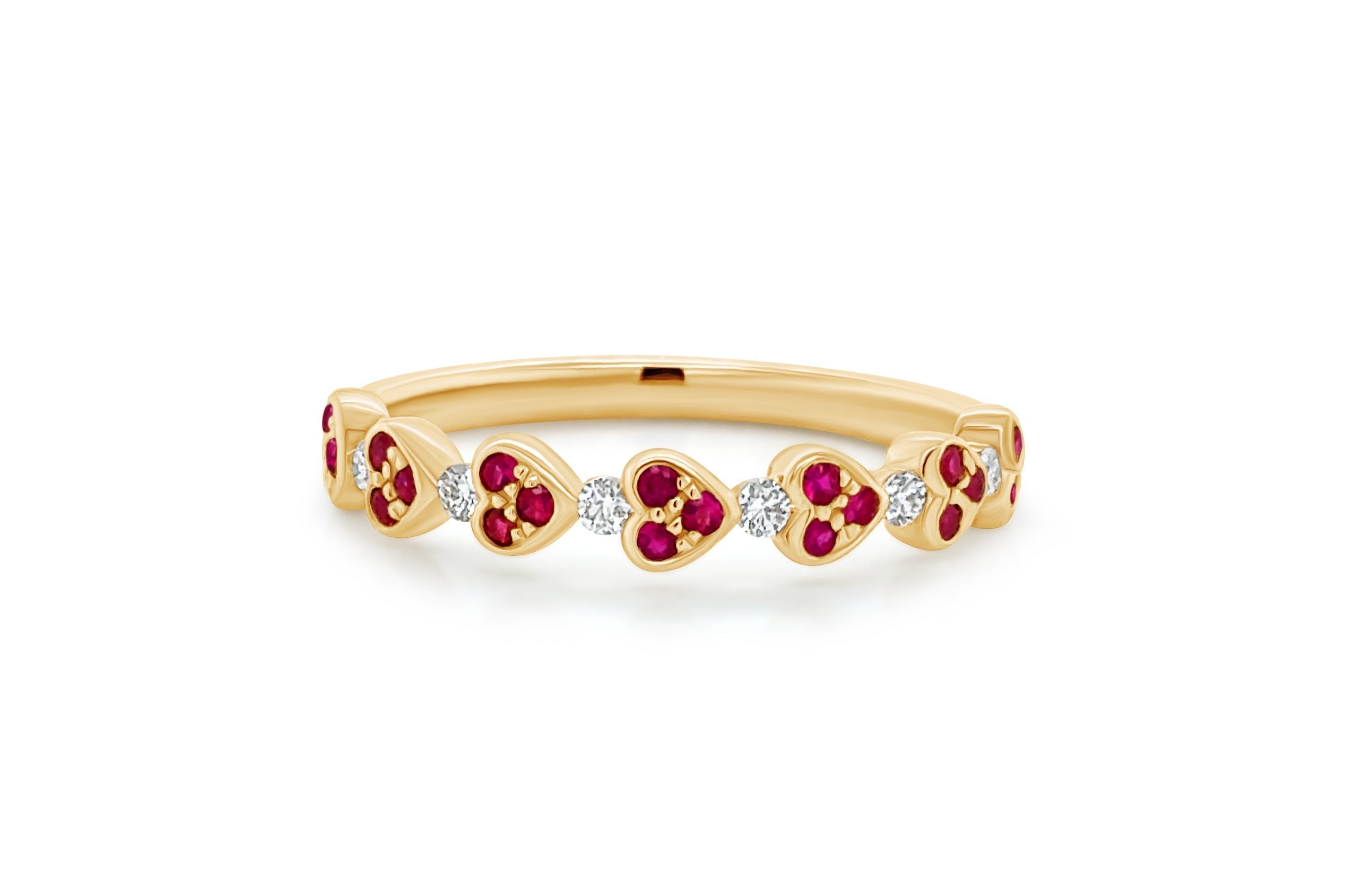 Ring 18k Yellow Gold 7 Hearts Diamonds and Rubies