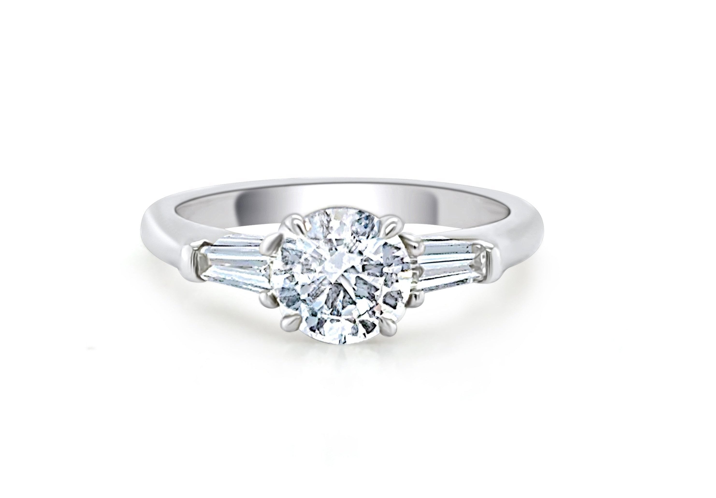 Ring Platinum 2 Baguettes &amp; Round Diamond 0.86 cts GIA D SI2