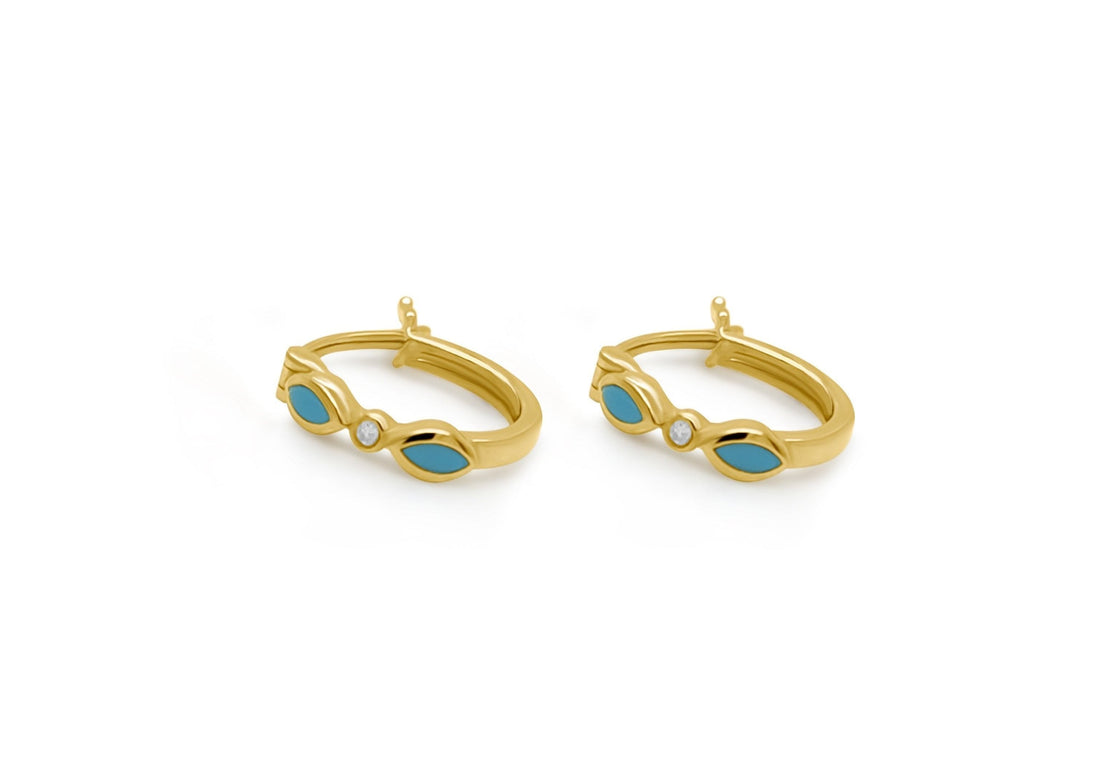 Earrings 14k Yellow Gold Mini Hoops with Turquoise and Diamonds