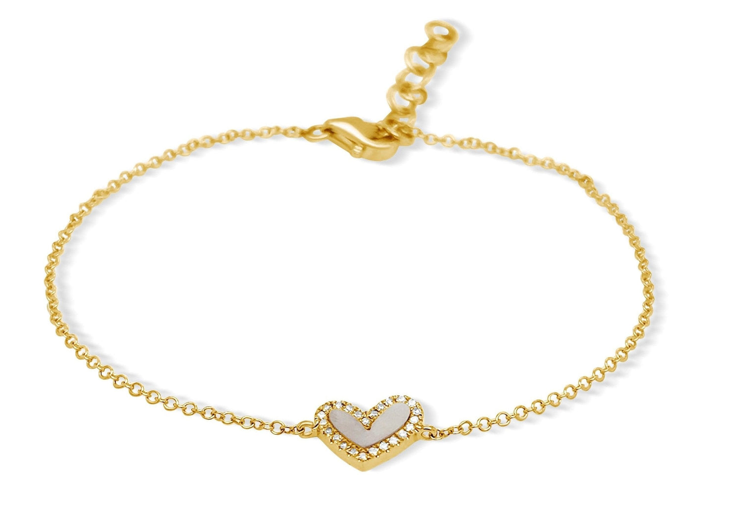 Bracelet 14k Gold Mother of Pearl Heart and Diamond