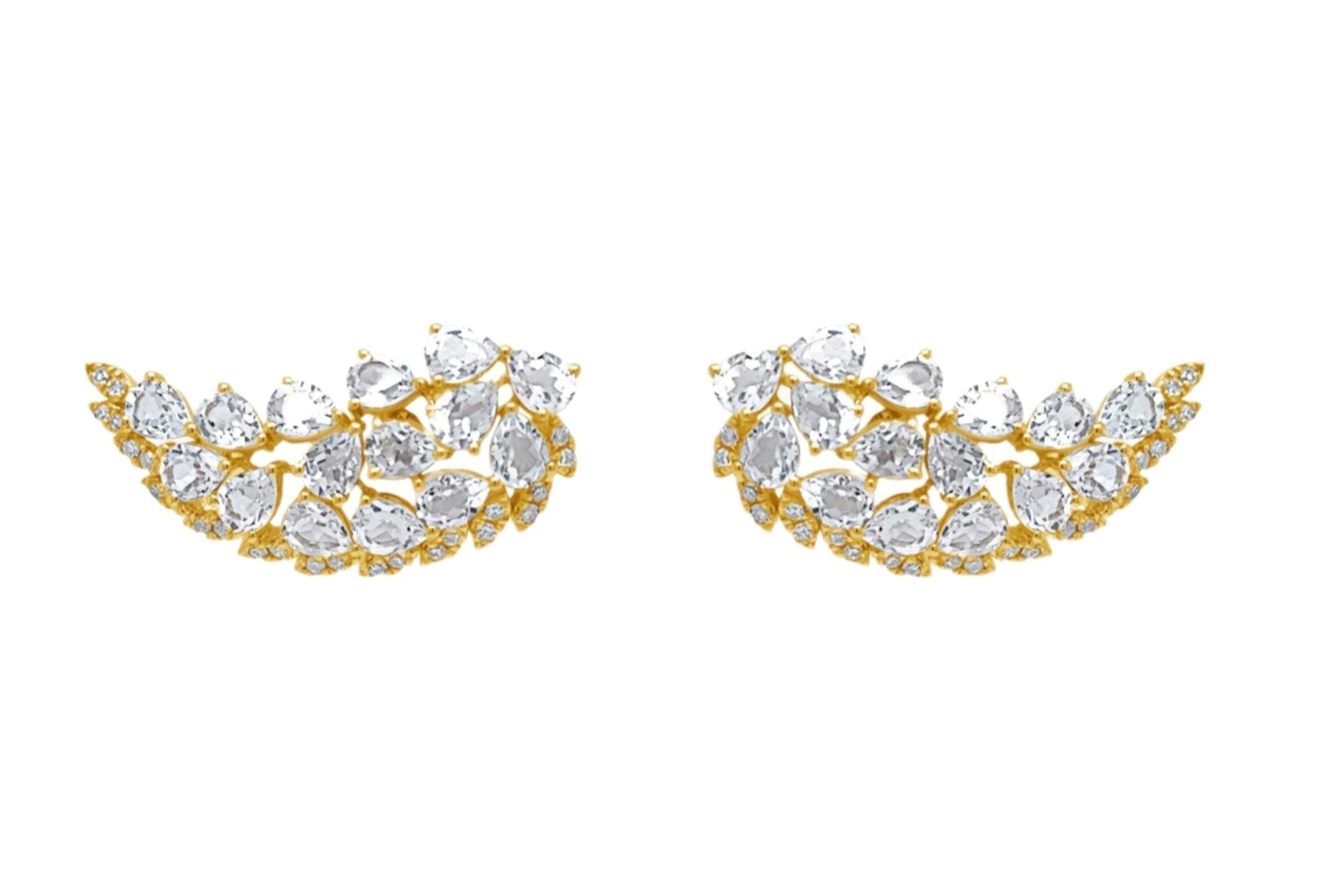 Earrings Wings 14k Yellow Gold Diamonds and White Topaz