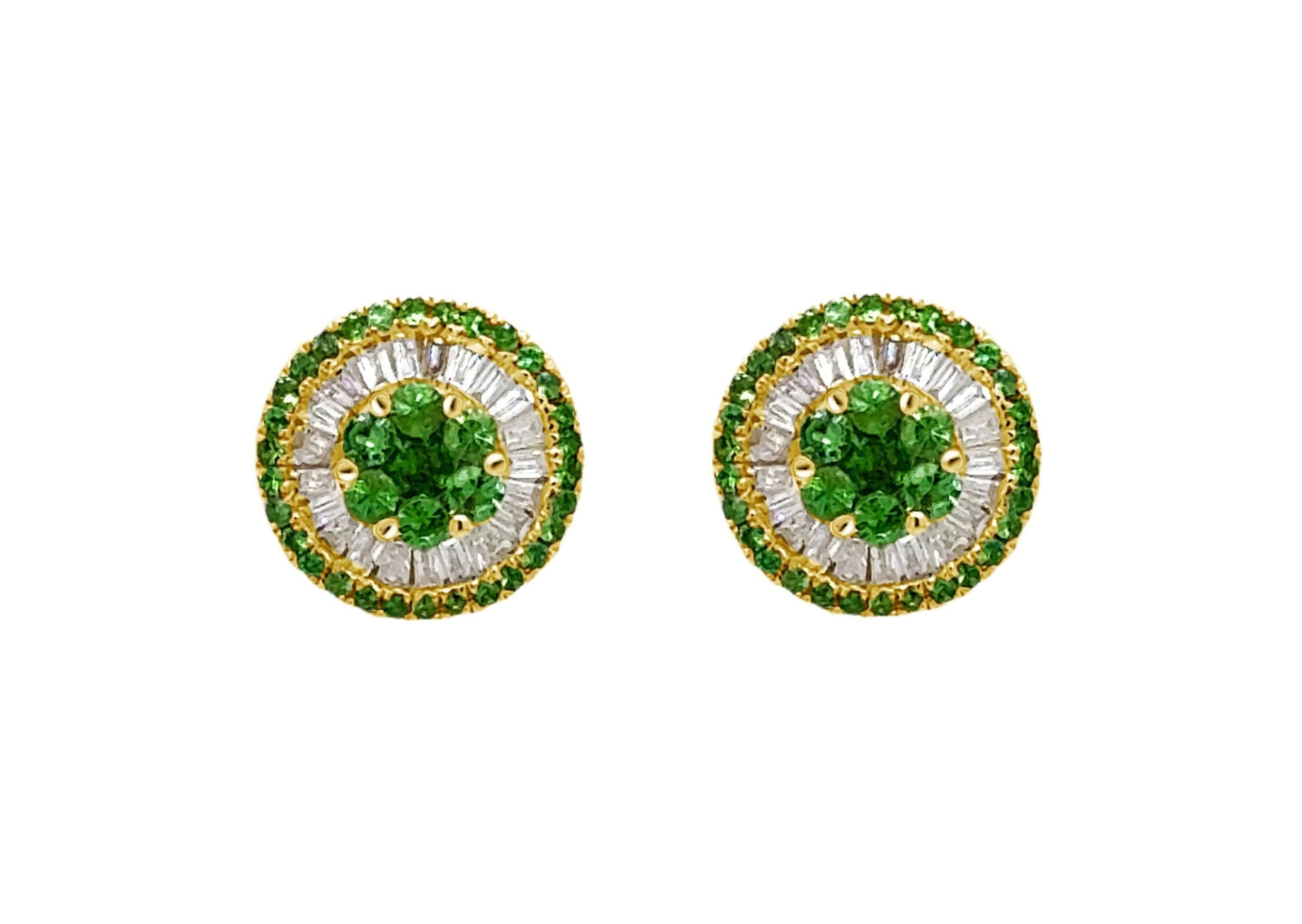 Earrings 18k Gold Center-Border Emeralds &amp; Diamonds Mini Pizza