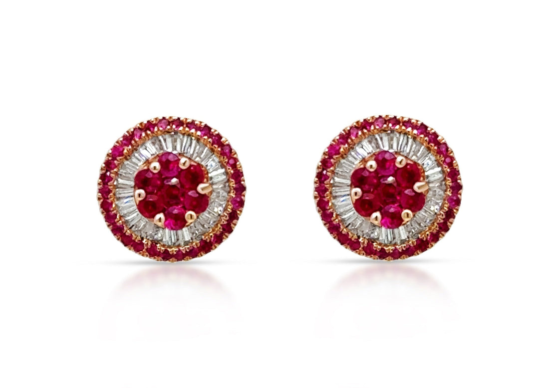 Earrings 18k Gold Center-Border Rubies &amp; Diamonds Mini Pizza