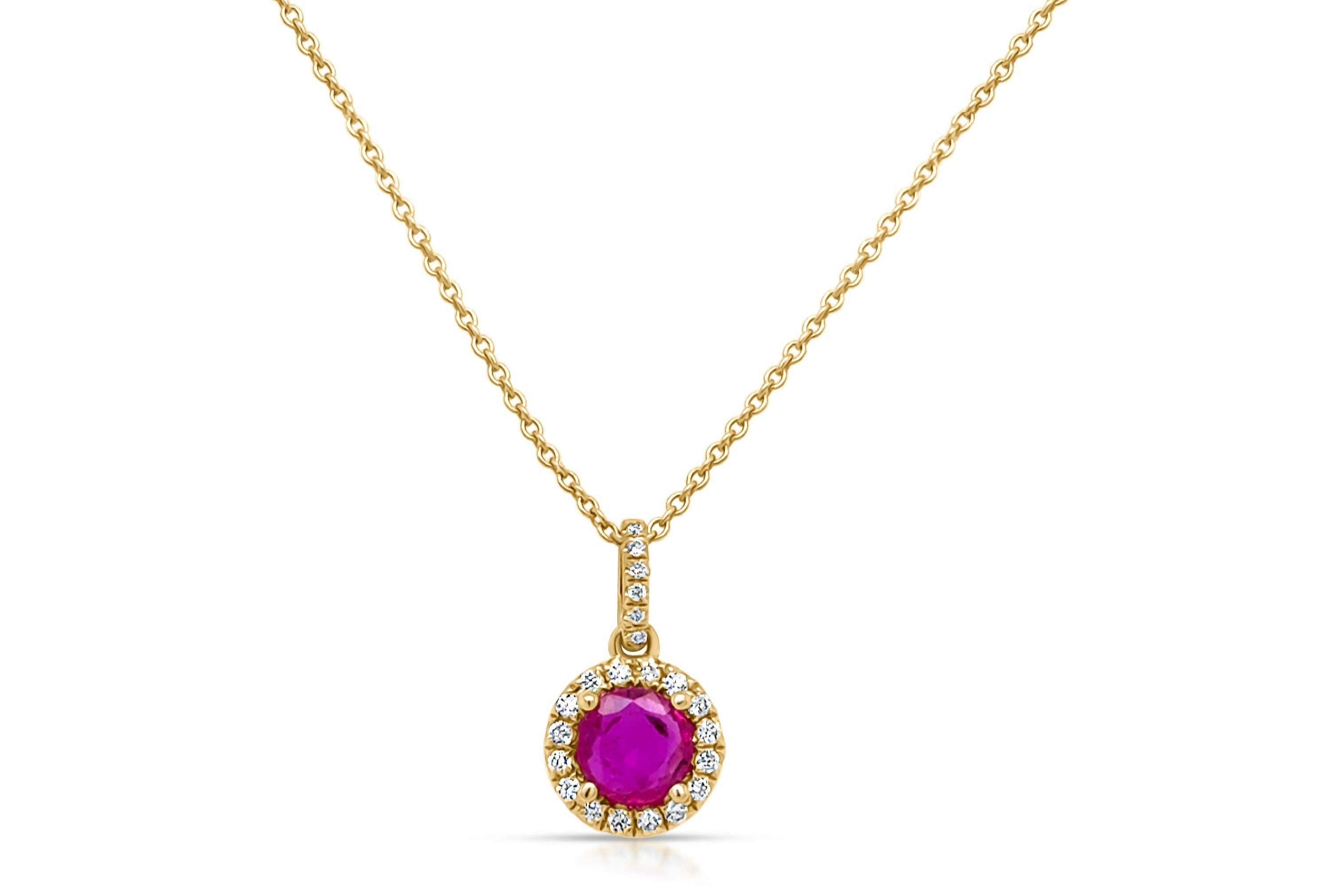 Necklace 18k Gold Ruby &amp; Halo Diamonds Pendant