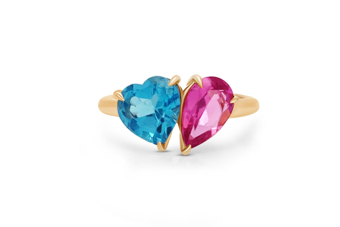 Ring 18k Gold Pear Tourmaline and Heart Shape Blue Topaz