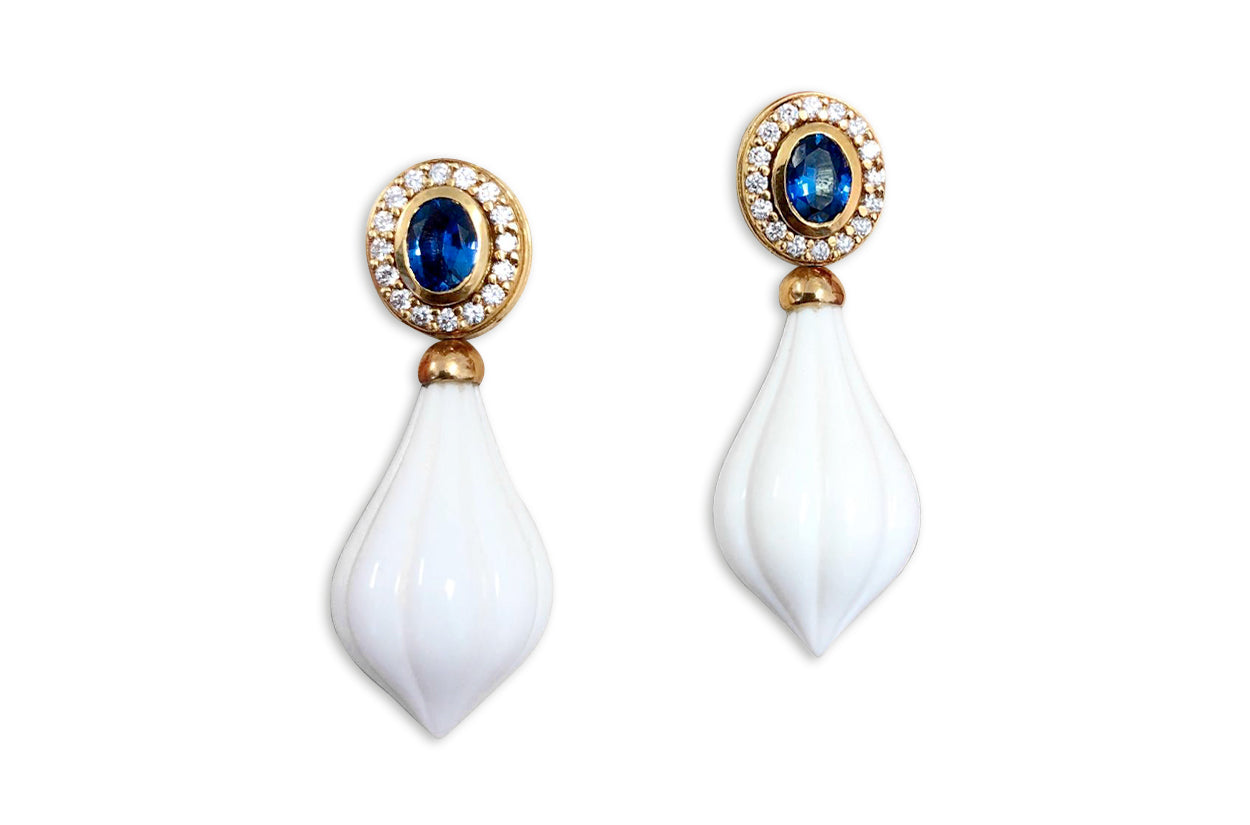 Earrings White Coral &amp; Blue Sapphire with Diamonds