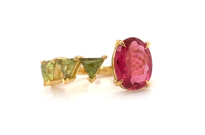 Ring 18kt Gold Oval Rubellite &amp; Green Sapphires