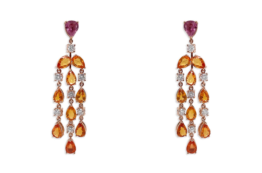 Earrings 18kt Gold Orange Pear Sapphires &amp; Diamonds Chandelier