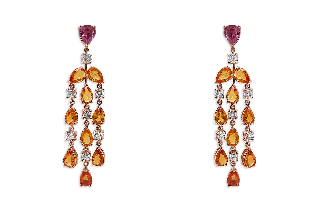 Earrings 18kt Gold Orange Pear Sapphires &amp; Diamonds Chandelier