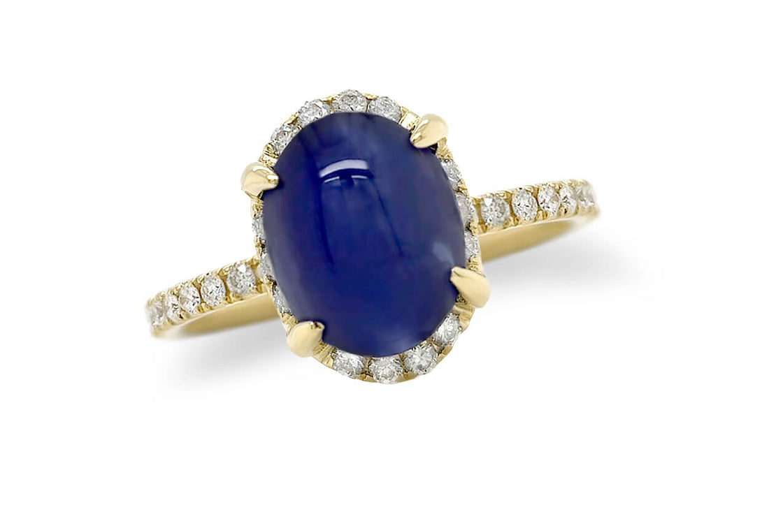 Ring 18kt Gold Oval Blue Sapphire Cabochon &amp; Diamonds