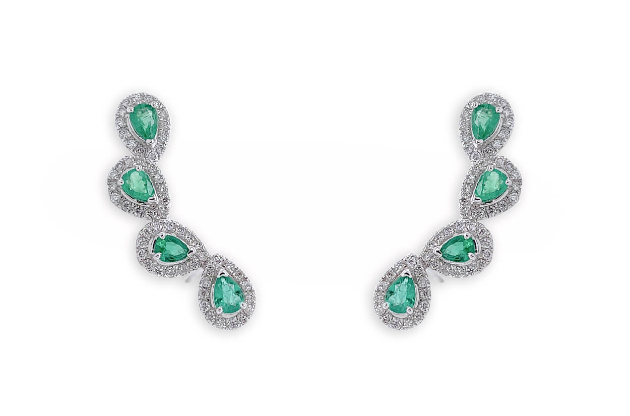 Earrings 18kt Gold Climbers Pear Emeralds with Diamonds Halo