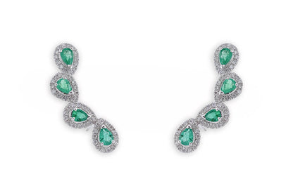 Earrings 18kt Gold Climbers Pear Emeralds with Diamonds Halo