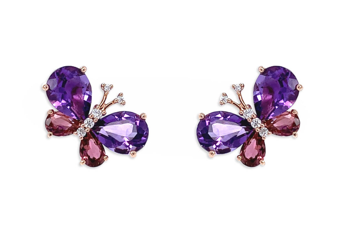 Earrings 18kt Gold Butterflies Amethyst Tourmalines &amp; Diamonds