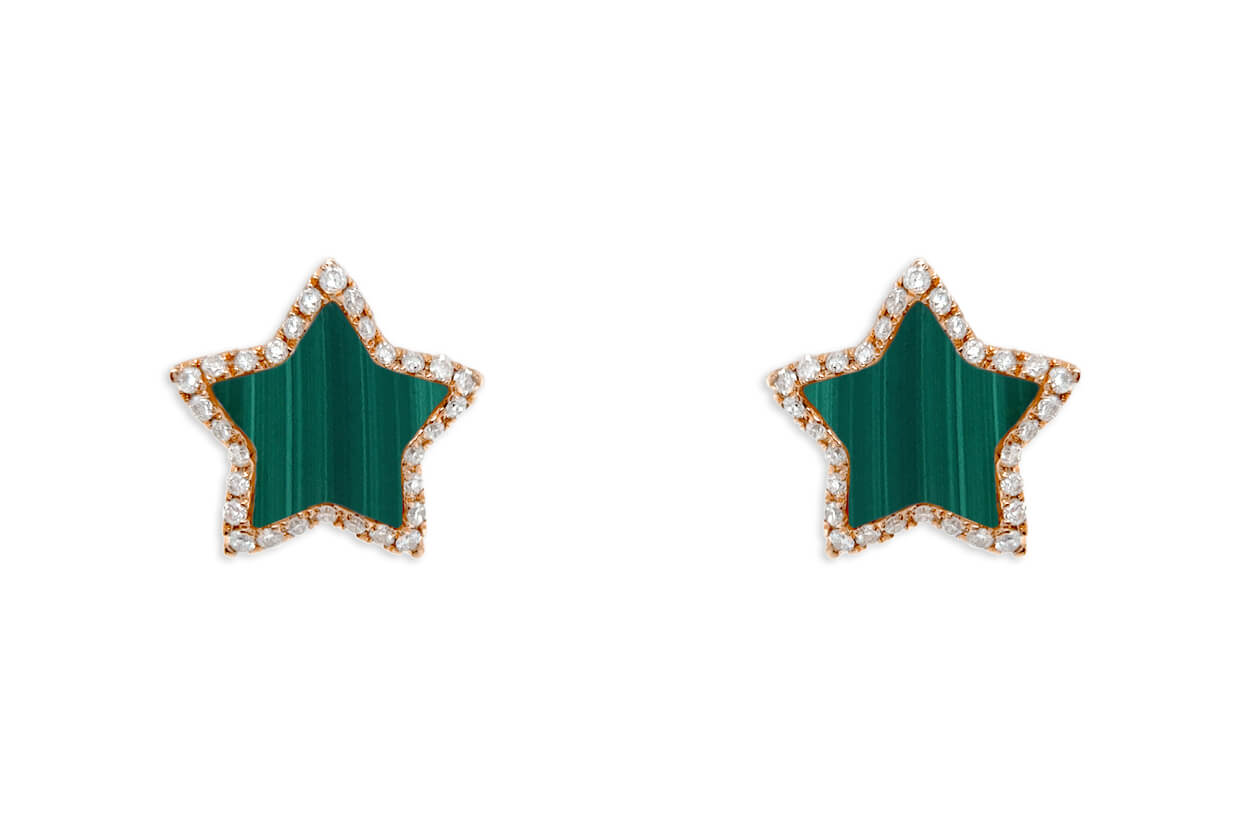 Earrings 18kt Gold Stars Malachite &amp; Diamonds Halo Studs