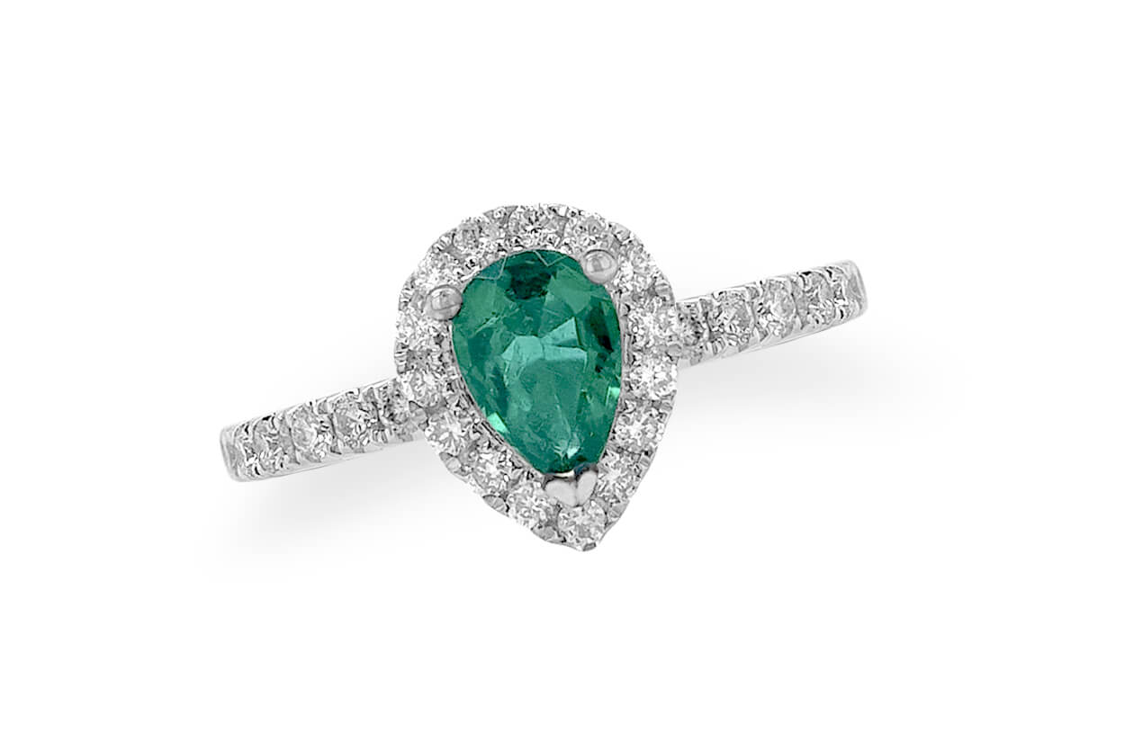 Ring 18kt Gold Pear Emerald &amp; Diamonds Pave
