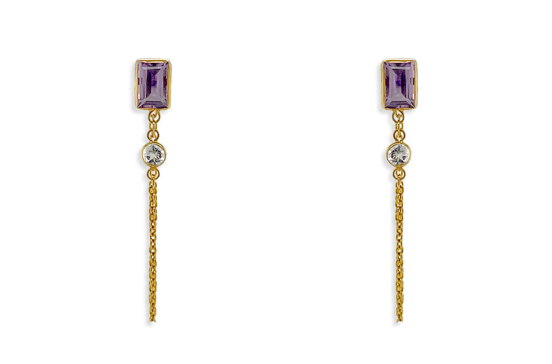 Earrings 18kt Gold Amethyst Chain &amp; White Topaz