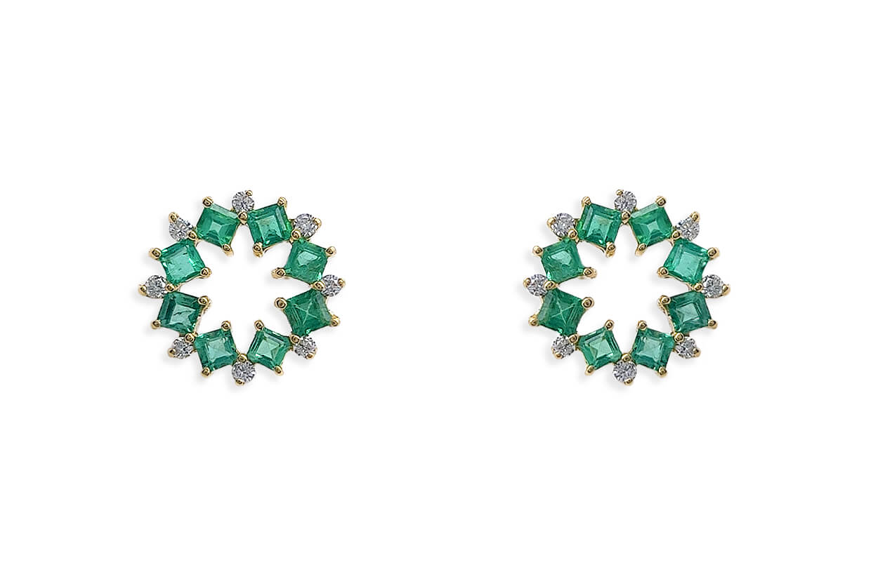 Earrings 18kt Gold Open Flowers Gems &amp; Diamonds Studs