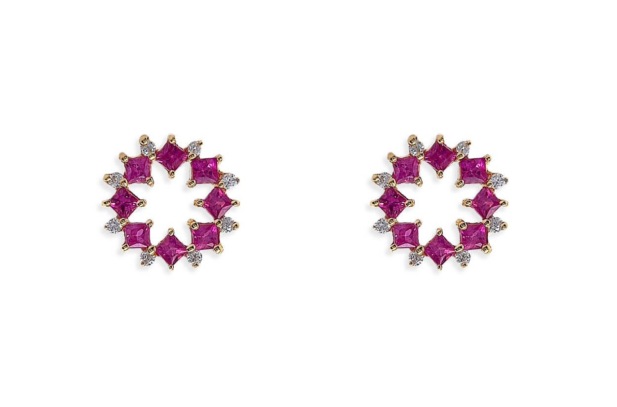 Earrings 18kt Gold Open Flowers Gems &amp; Diamonds Studs