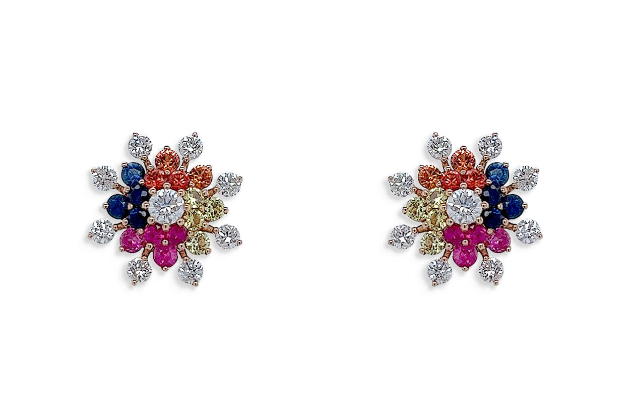 Earrings 18kt Gold Mandala Multicolor Sapphires &amp; Diamonds