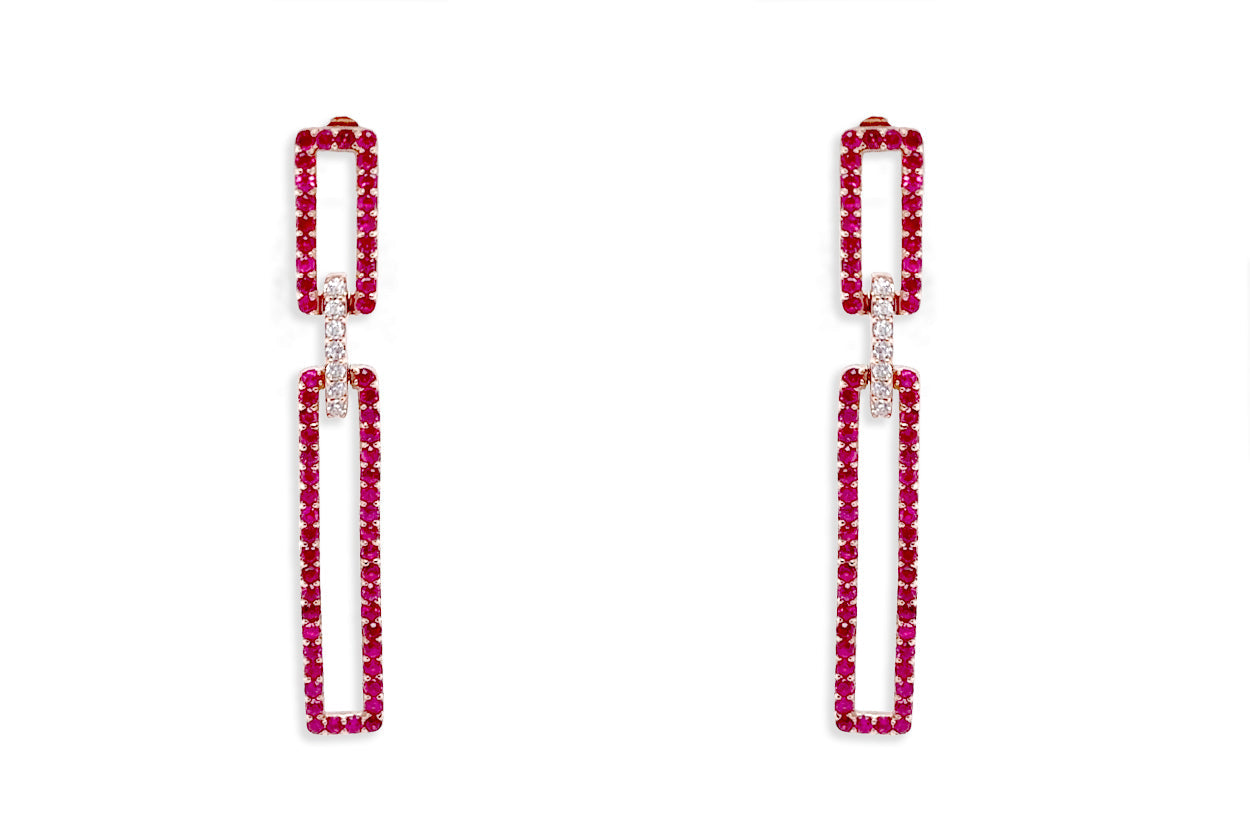 Earrings 18kt Gold Rectangular Rubies &amp; Diamonds Drops