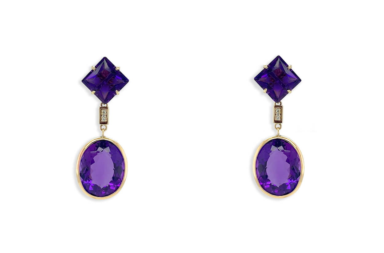 Earrings 14kt Gold Square &amp; Oval Amethysts with Diamonds