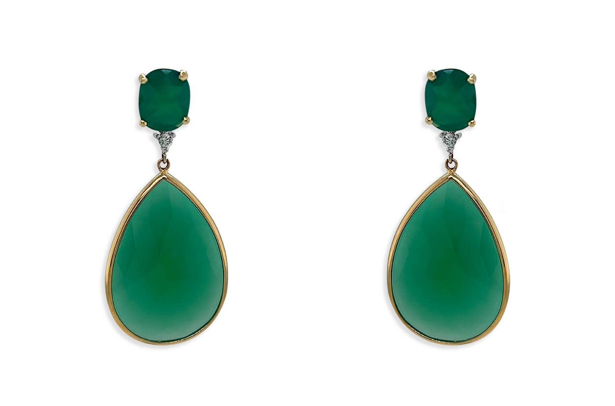 Earrings 14kt Gold Green Agates &amp; Diamonds