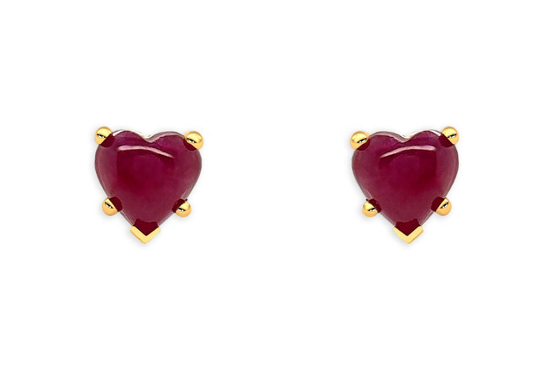 Earrings 14kt Gold &amp; Ruby Cabochon Hearts Studs