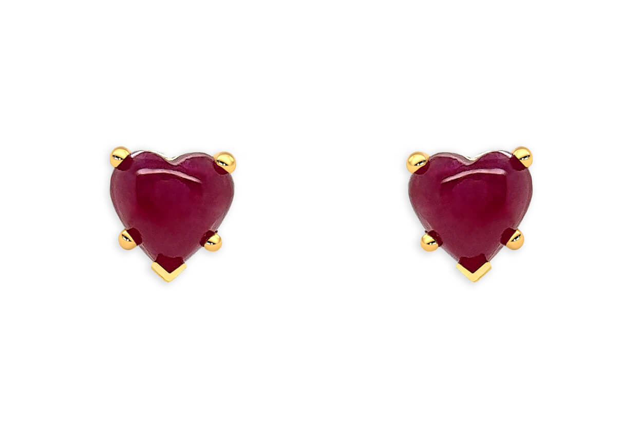 Earrings 14kt Gold &amp; Ruby Cabochon Hearts Studs