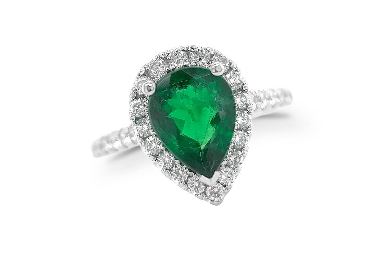 Ring 18kt Gold Pear GIA Emerald &amp; Diamonds Pave