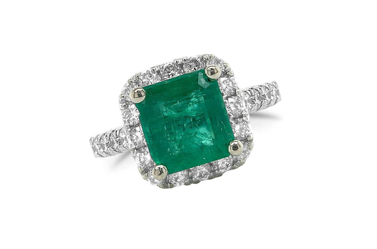 Ring 18kt Gold Square GIA Emerald &amp; Diamonds Pave
